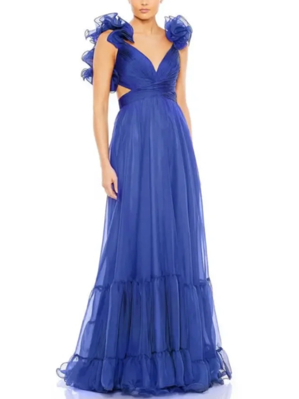 New Mac Duggal RUFFLE TIERED Chiffon Cutout Empire Waist Gown Cobalt Sz 6